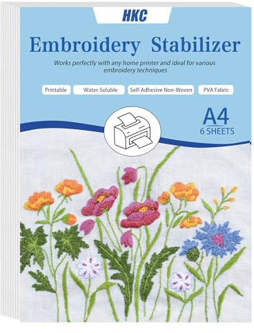 HKC Stickvlies Wasserlöslich Selbstklebend, 6PCS A4 (29.7x21cm) Bedruckbare Stickereipapier für Drucken oder Zeichnen von Mustern, Wasserlösliches Stickvlies für Hand- und Maschinenstickerei