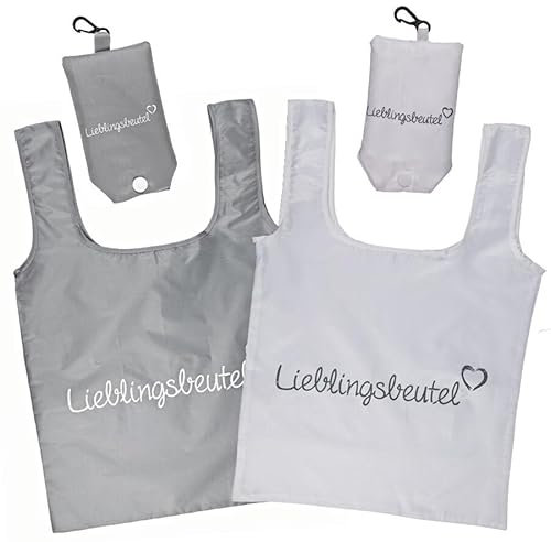 Murago - 2er Set x Lieblingsbeutel Tragetaschen im Beutel mit Kunststoff Karabiner - Grau Weiß Einkaufstaschen Einkaufstüten Shopper faltbar Strand wiederverwendbare Tüten, Tasche