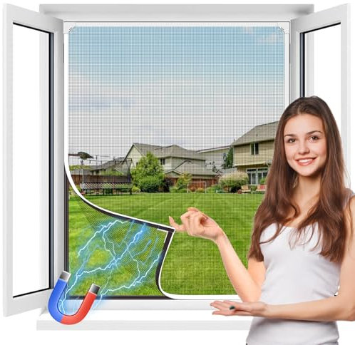 MLEJU Mosquitera Ventana Magnetica, 130x150cm Fibra de Vidrio, DIY Cortable, Fácil Instalación sin Taladrar, Fácil de Limpiar,Mosquiteras Magnética para Ventanas Correderas - Marco Blanco y Red Gris
