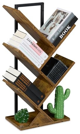 Relaxdays Piccolo Scaffale Libreria, Mobile da Terra con 4 Ripiani ad Albero per Libri, CD e Dvd, 71x40x21,5 cm, Marrone, Fibra di Legno, Acciaio