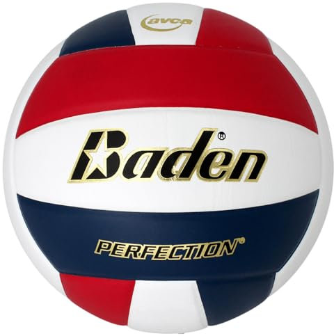 Baden Perfektion, Premium-Leder, offizielles Spiel-Volleyball für den Innenbereich, 13U bis College, offizielle Größe + Gewicht, Rot/Marineblau/Weiß, AVCA-geprüft