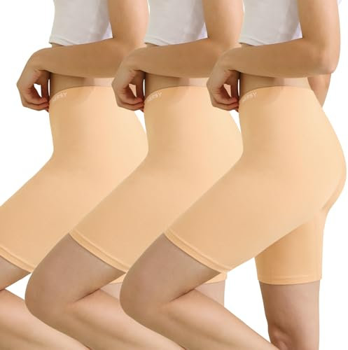 INNERSY Radlerhose Damen Kurz für Kleid Hautfarben Oberschenkel Reiben Schutz Kurze Leggings 3 Pack (M, Beige)