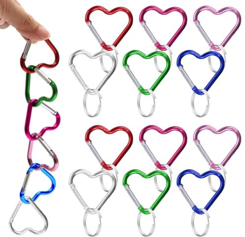 12 Stück Herz Karabiner mit 12 Verbindungsringe, 44 x 41 mm Aluminium Schraubkarabiner, Schnellverschluss Klein Carabiner, Schlüsselanhänger Karabinerhaken für Outdoor Camping, Reisen, Wandern, Angeln