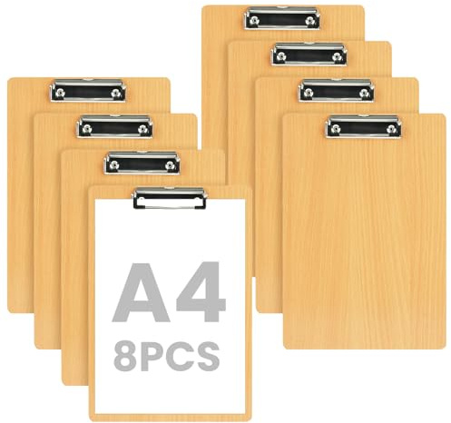 OFFCUP A4 Portapapeles de Madera con Pinza, 8 Piezas Portapapele con Agujero Colgante, A4 Clipboard Tablero de Escritura, Tableros con Pinza para Notas