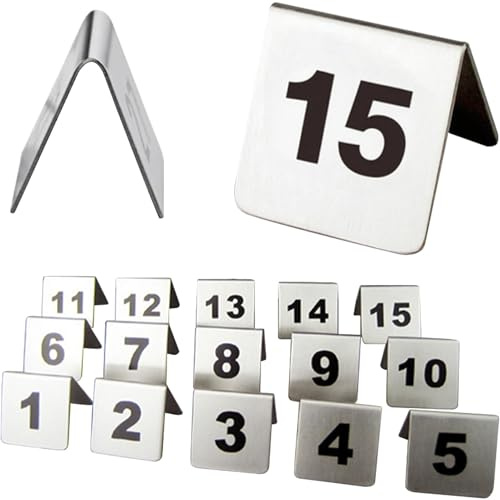 Jatwefiv 1-15 Tischnummern Hochzeit,15 Stück Tischkarten Hochzeit Tischnummer,1 bis 15 Tischplan Nummernschild aus Edelstahl,Tischordnung Gastronomie Sitzplan Satz für Taufe Kommunion,Chrome