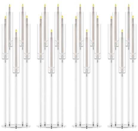 4 Pièces de Chandelier, Grands Bougeoirs Transparents pour Bougies Effilées, Bougeoir à 5 Branches avec Abat-Jour en Acrylique, Bougies LED pour Dîners de Mariage (Blanc)