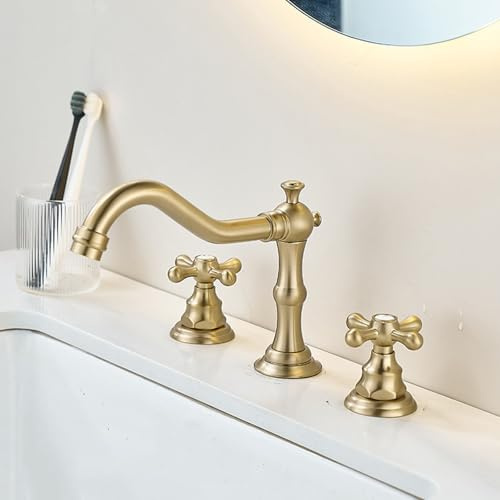 Wasserhahn Bad für Waschbecken 3 Loch Armatur Badezimmer Messing Antik Waschtischarmatur Warm Kalt Waschbecken Armaturen Retro-D