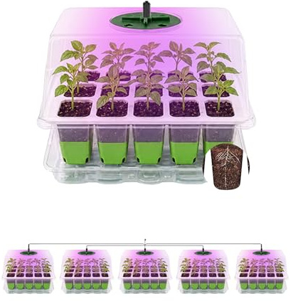 Bandejas de Semilleros,5 Pcs Semilleros Germinacion con Luces para Plantas | Silicona Flexible Células Invernadero Pequeño Bandejas,Germinador de Semillas con Regulador De Tiempo,Humedad Ajustable