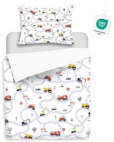 Yasida Autos KinderbettwäSche 100x135 Jungen Traktor Mikrofaser BettwäSche Mit Verkehrsschildern Und StraßEn FüR Jungen Teenager Bagger BettwäSche 100x135cm Mit ReißVerschluss+1Kopfkissenbezug 40x60cm