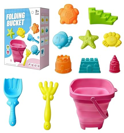 Moxiewell Sandspielzeug Strandspielzeug Kinder, 11 Stück Sandkasten Spielzeug Kinder mit Faltbarer Eimer, Sandförmchen Sandschaufel Kinder 2 3 4 5 Jahre Mädchen Junge (Rosa)