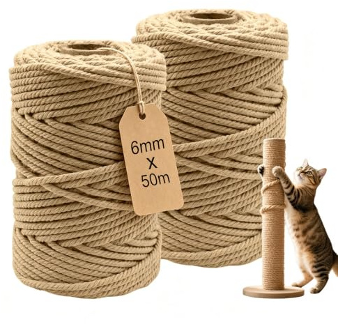 BTCLASSIC Sisalseil für Kratzbaum, 6mm x 50m, 2 Stück | Kordel für Ersatz, Geeignet für Katzenwand, Garten, Haushalt, Handwerk, DIY