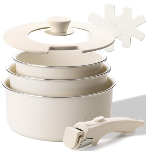 COICUR Töpfe Set mit Abnehmbaren Griffen, Keramik Topfset induktion 16/18/20cm, 3-in-1 Verschlussdeckel und 2 Vliesunterlagen Für alle Herdarten geeignet, induktionsgeeignet und ofenfest Beige
