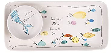 Creative Co-Op Rectangle Stoneware Plate with Fish Images and Matching Bowl