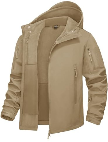 KEFITEVD Veste Combat Imperméable Hommes Blousons Tactiques Coupe-vent Coquille Souple Doublés Polaire,Kaki,2XL