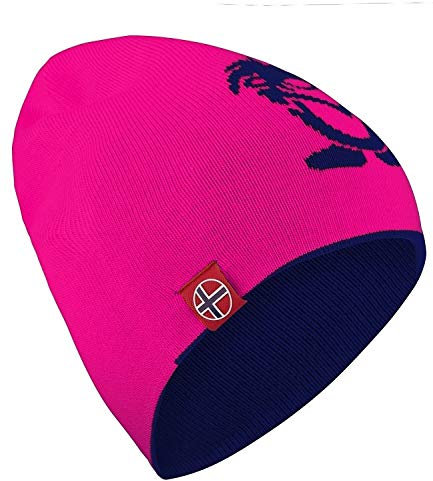 Trollkids Kinder Wollmütze Troll (lang), Marineblau/Magenta, Größe Medium