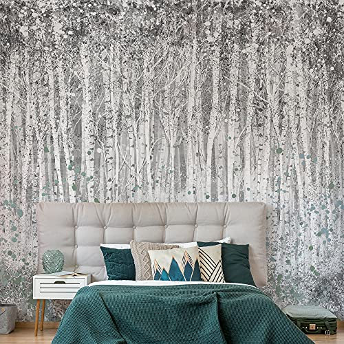 Art For The Home Painterly Woods Neutral Wall Mural - Paste The Wall - Multicoloured Wall Mural - Abstract Landscape Birch Trees Layer Painterly Fallen Leaves Design - Feature Design