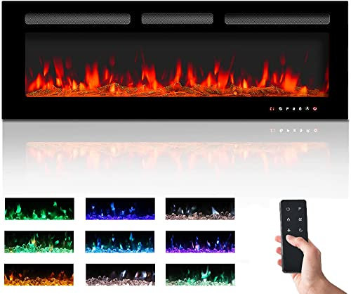 M.C.Haus Elektrischer Kamin, Touchscreen, Glasplatte, Bunte Flamme, Einsatz, Wandmontage, Heizung, Fernbedienung mit Kristall und Log Set, 900/1800 W (127cm, schwarz