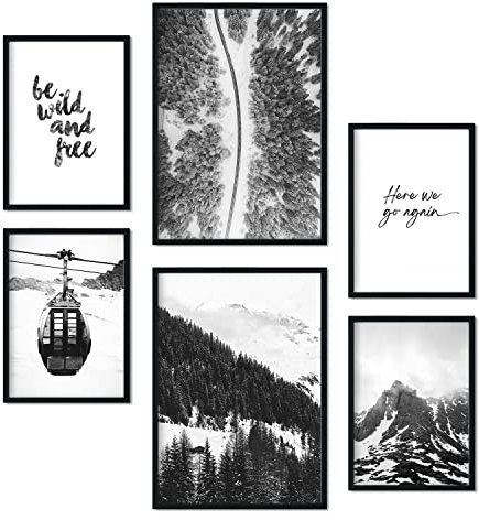 Nacnic Set 6 Schwarzweiß Berg Bilder - Wandbild Kunstdruck Deko Posters & Plakate - Inneneinrichtung im Kunstgalerie - A3 und A4 - Mit schwarzem Rahmen