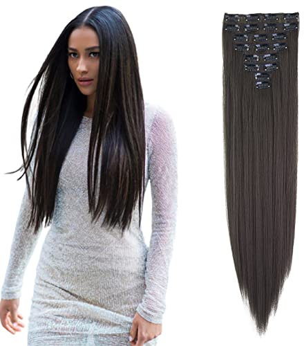 Cybelleza Clip in Extensions wie Echthaar Haarverlängerung Haarteil 8 Teile Set Glatt Lang Günstig Haarverdichtung Synthetische Haare für Frauen 60cm (Mittel braun)
