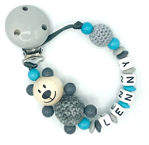 Nuckelkette mit Namen 3D-BÄR MIT HÄKELKÖRPER in verschiedenen Farben/Unisex/Personalisiert (Hellgrau Grau Türkis Mehrfarbig)