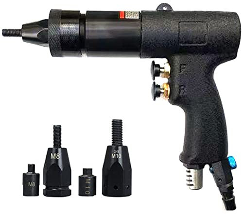 Air Rivet Nut Gun, Pneumatic Rivet Nut Gun with Self-Locking Head Mandrels Gun Air Rivet Nut Pull Setter Tool Quick-Change Nose-Piece Assembly Adjustable Speed Pull Rivnut Gun,M8+M10