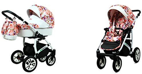 Babylux Tropical Baby Poussette 2en1 Profonde et Poussette Avec Accessoires Réglable et Pliable Construction en Aluminium Léger 2 Options de Montage Imperméable Pansies And Roses