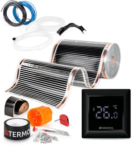 Termofol Elektrische Fußbodenheizung Heizfolie 230V - mit Thermostat H6 Schwarz - Leistung 220 W/m2 - Oberfläche 1,5m² - Fussbodenheizung Elektrisch Komplettset fur Fußboden-, Wand- oder Deckenheizung