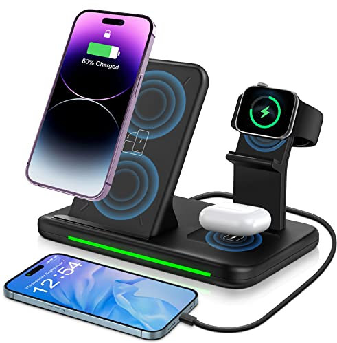 ZOVHYYA 4 en 1 Cargador inalámbrico de 15 W Cargador de inducción rápida con Adaptador QC 3.0 de 18 W para teléfono Apple 14/13/12/11/pro/Xs/XR i Watch Serie E/6w/5, Auriculares 3/2/1/Pro