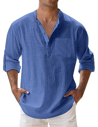 NOAGENJT White Linen Shirts for Men Adult,Men's Casual Cotton Shirt Long Sleeve Button Up Band Collar Summer Beach