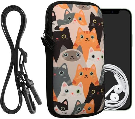 kwmobile Handytasche für Smartphones L - 6,5 - Neopren Handy Hülle Orange Schwarz Weiß - Handy Tasche mit Kette 16,5 x 8,9 cm Innenmaße - Katzen