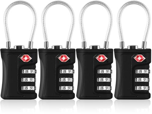 JOYSKY TSA 4 Pack Suitcase Padlock for Luggage,Small Cable Locks Thin for 3 Digit Combination Lock,5.5in Flexible Wire Lock for Travel,Steel Cable Lock for Suitcase,Backpack,Suitcase Locks(Black)
