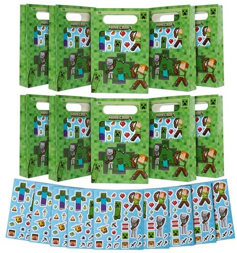 Minecraft Geschenktüten Kindergeburtstag mit Aufkleberbogen, 10er-Pack für Geburtstagstüten Mitgebsel Kinder, Mitgebsel Tüten
