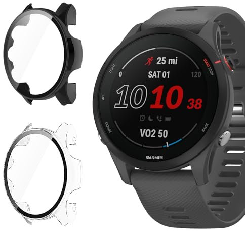 Vanrain Coque pour Garmin Forerunner 255 46mm, 2 Pièces Couverture Totale PC Coque Anti-Rayure Bumper Protecteur Étui con Protection écran Verre Trempé 9H Dureté Haute Définition, Transparent+Noir