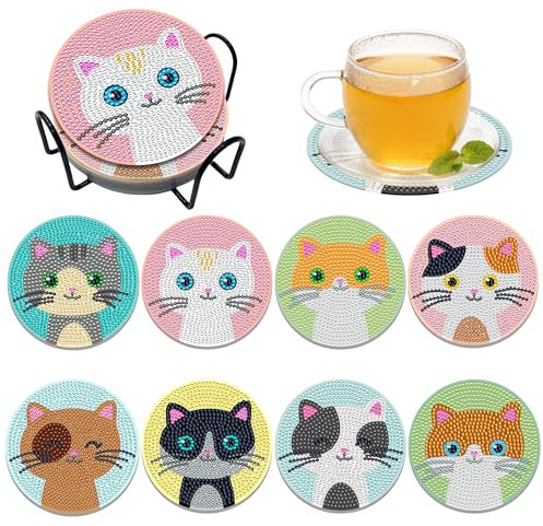 8 posavasos para gatos, posavasos de pintura de diamantes, diseño de gato de pintura de diamantes