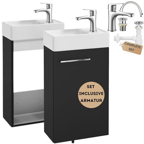 .Deftrans Hängeschrank Schwarz – Badmöbel Set mit Waschbecken und Armatur, kompakt: 40 x 60 x 21,3 cm, Badschrank schmal, Waschtisch mit Unterschrank – modernes Design für Ihr Badezimmer