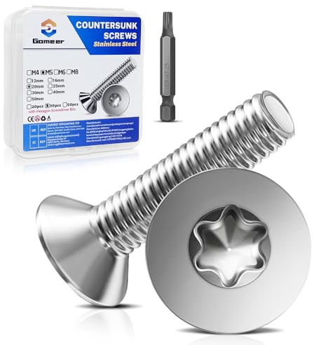 Gomeer 30 Stück M5 x 20 mm Senkkopfschrauben Torx Innensechskant aus A2 V2A Edelstahl Schrauben mit Torx Schlüssel Sechskant Schrauberkopf Norm ISO 14581 / DIN 965,für Maschinen, Möbel,Reparaturen