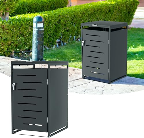 Ollewiellan Cache-poubelle pour 1 poubelle de 120 l et 240 l, revêtement en acier galvanisé, résistant aux intempéries et aux UV, avec serrure et amortisseur à gaz, couleur anthracite