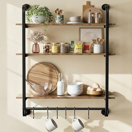 Kssiaz 3-stufig Schwebendes Industrieregal aus Rohren, 24 Wandregal für Küchen mit 6 Handtuchhaken, Kaffeebar Regale Bücherregal Wohnzimmer, Dekoration Badezimmer, Rustikales Braun