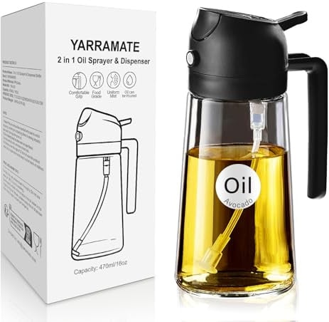 YARRAMATE Pulverizador de Aceite 2 en 1 para Freidora de Aire 470 ml | Botella dispensadora de aceite de oliva, botella de vidrio, pulverizador para cocina, negro