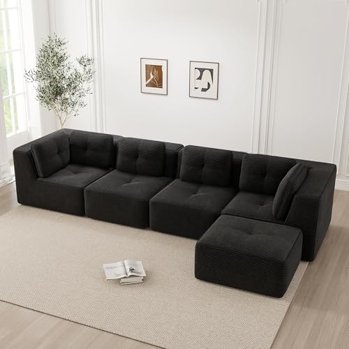 Luscriate 4-Sitzer Cloud Ecksofa mit Chaiselongue – L-Form Big Sofa ohne Montage, extra Tiefe Sitzfläche, Breiten Armlehnen, bodennahes Lounge Schwarz 4-Sitzer+1 (Black, Eckesofa-4Sitzer)