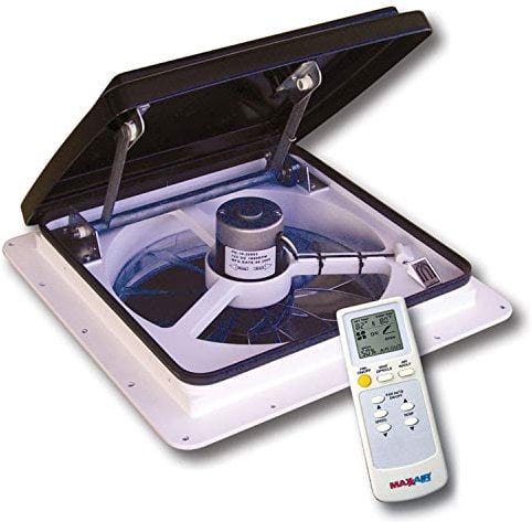 MAXXAIR Maxxfan Plus High Powered 10-Speed RV Intake and Exhaust Fan - Manual or Remote Control Electric Opening, Easy Ceiling Controls, Rain Sensor with Automatic Lid Closure, Smoke (00-04500K)