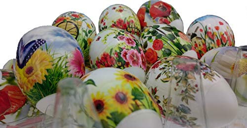 ukrainisches-kunsthandwerk 21 Ostereier zum Aufhängen. mit Folie bezogen. Gemischte Muster. überwiegend .Blumen. Wetterfest.Kunststoffeier