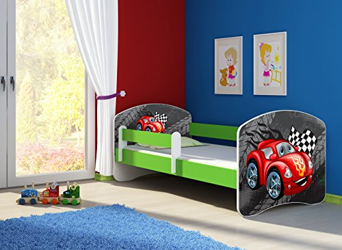 CLAMARO 'Fantasia Grün' 140 x 70 Kinderbett Set inkl. Matratze und Lattenrost, mit verstellbarem Rausfallschutz und Kantenschutzleisten, Design: 05 Rennwagen Rot