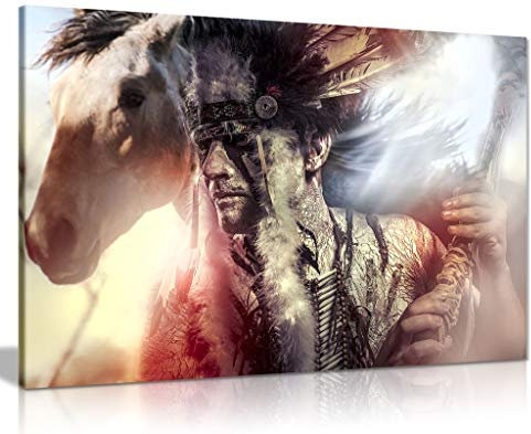 Panther Print 5060694367051 Druck auf Leinwand, Native American Indian Warrior Chief Horse, 76x51 cm (30x20in)