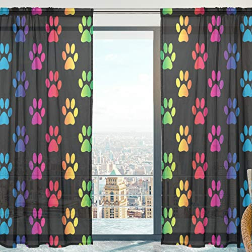 Mnsruu Transparente Gardine, Paw Prints Regenbogenfarben Weiche Tüll Voile Vorhänge für Wohnzimmer Schlafzimmer 140 x 198 cm, 2er Set