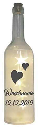 WB wohn trends LED-Flasche mit Motiv, Hochzeit Verlobung Geburtstag Wunschname personalisiert mit Herz, grau, 29cm, Flaschen-Licht Lampe mit Text Spruch