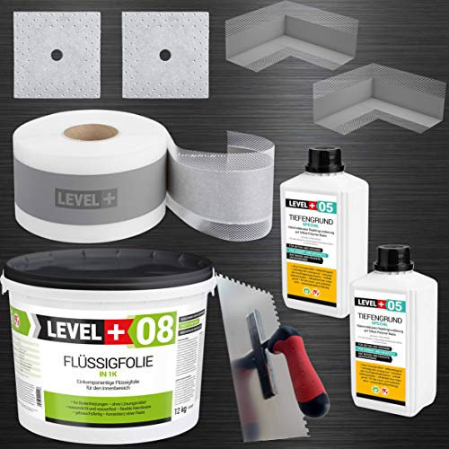 Set de sellado para ducha de 10 m2, 7 kg, lámina líquida, 2 esquinas interiores, 2 manguitos de pared, 5 m cinta de sellado, plancha de dientes 280 x 130 6 x 6 mm – 1 unidad SET 20