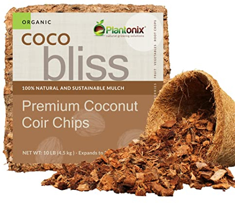 Coco Chips Mulch Brick (10lbs) - 100% Organic Mulch Medium for Garden Beds, Landscaping, & Outdoor Plants - Compressed Coconut Husk Chips - Retains Moisture in Potting Soil & Containers