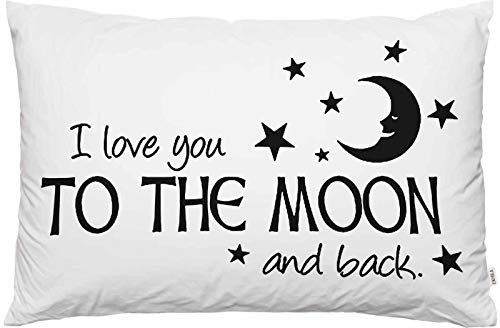 EKOBLA Kissenbezug mit Aufschrift I Love You To The Moon And Back, handgeschriebenes Doddle-Design, Sterne, Schwarz / Weiß, Dekor, Standardgröße, Queen-Size-Größe 50.8 x 76.2 cm