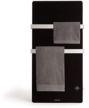CREATE / Warm Towel Cristal/Toallero Electrico de Cristal con WiFi Negro / 122x13,5x68cm, Mando a Distancia, Ultrafino, Doble Colgador, Pantalla LED, Protección IP34, Temporizador Semanal y 24h